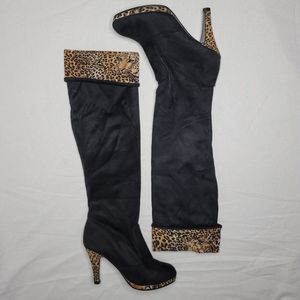 Knee high black leopard foldover suede boots